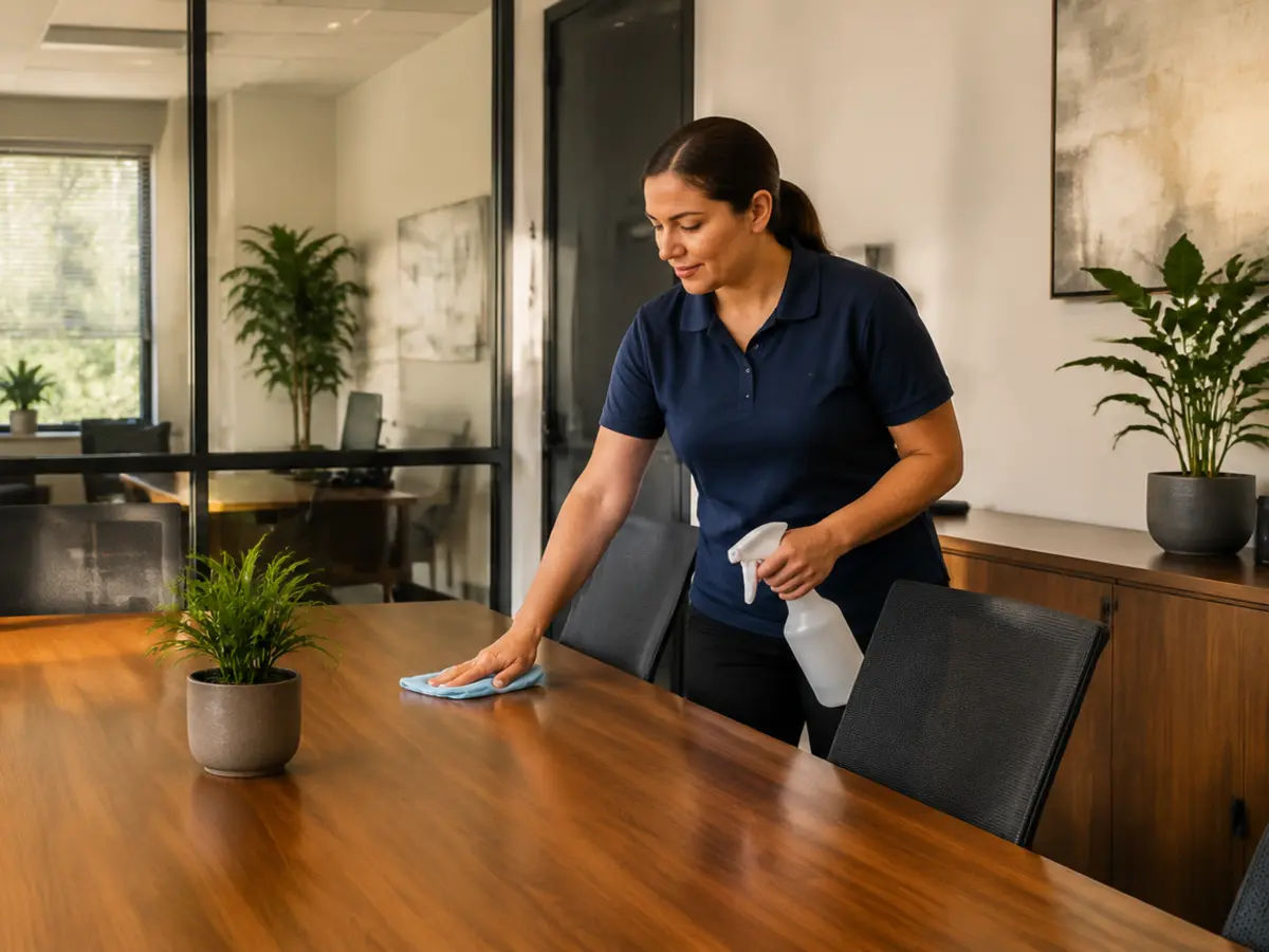Professional cleaner maintaining a conference room in a small local office