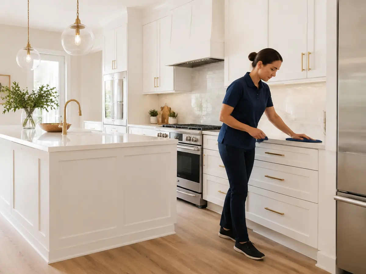 Professional cleaner completing final detail cleaning in a renovated kitchen
